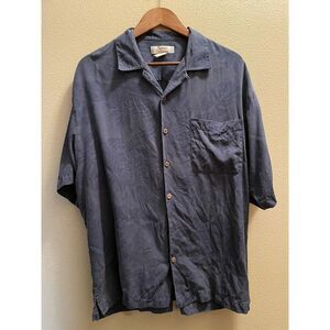 Tommy Bahama Navy‎ Blue Monochromatic Floral 100% Silk Short Sleeve Shirt L